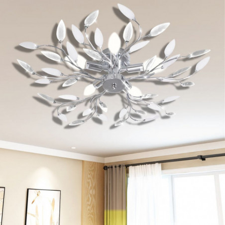 Transparent and white ceiling light acrylic crystal leaf arm 5 E14 bulbs