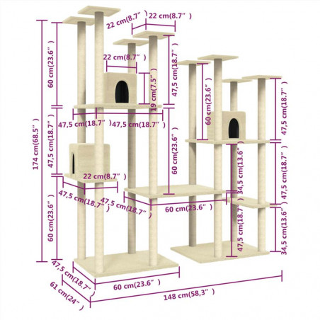 Arboreț pentru pisici cu stâlpi de zgâriat din sisal crem 174 cm