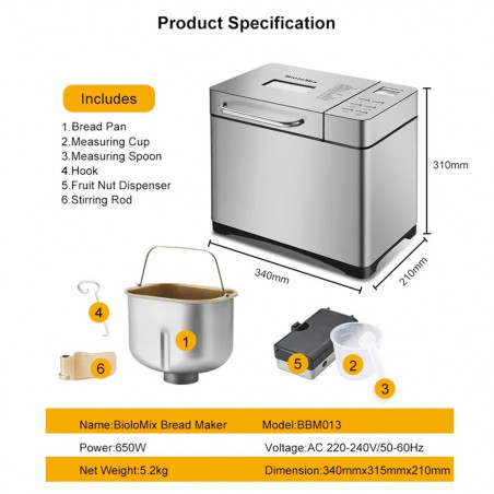 Biolomix BBM013 19-i-1 automatisk brødmaskine, rustfrit stål