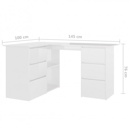 Birou Coltar Alb Lucios 145x100x76 cm PAL