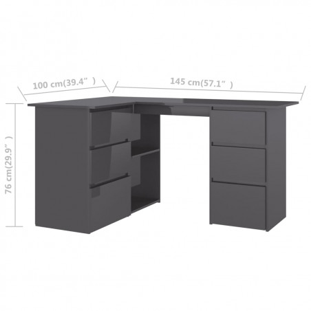 Birou Coltar Gri Luciu 145x100x76 cm PAL