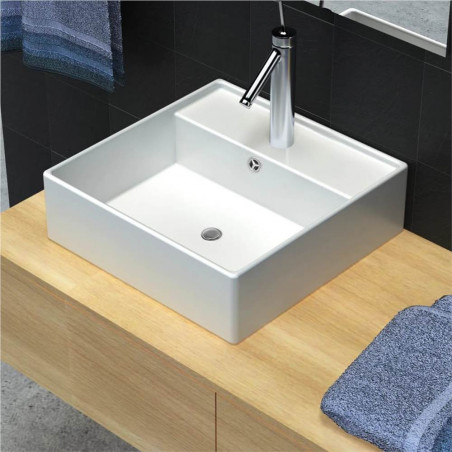 Lavabo carré en céramique avec trop-plein et trou de robinet 41 x 41 cm