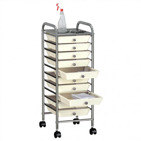 Mobile storage cart 10 drawers in white plastic