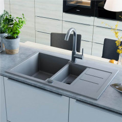 Fregadero de cocina de granito de doble lavabo gris