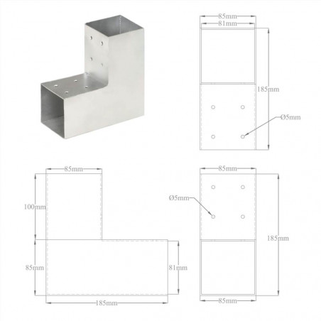 Conectores de poste 4 piezas Forma L Metal galvanizado 81x81 mm