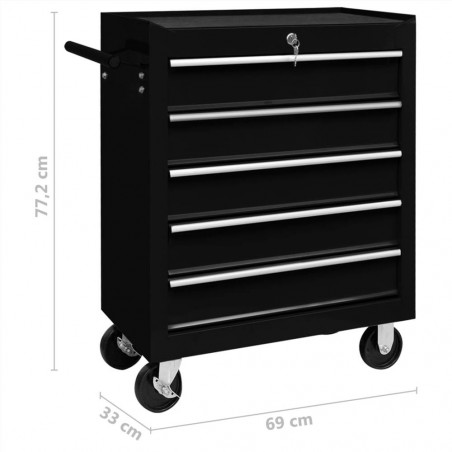 Workshop tool trolley with 5 black drawers