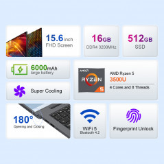 Ninkear A15 - Φορητός υπολογιστής AMD Ryzen 5 3500U, 16 GB RAM, 512 GB SSD