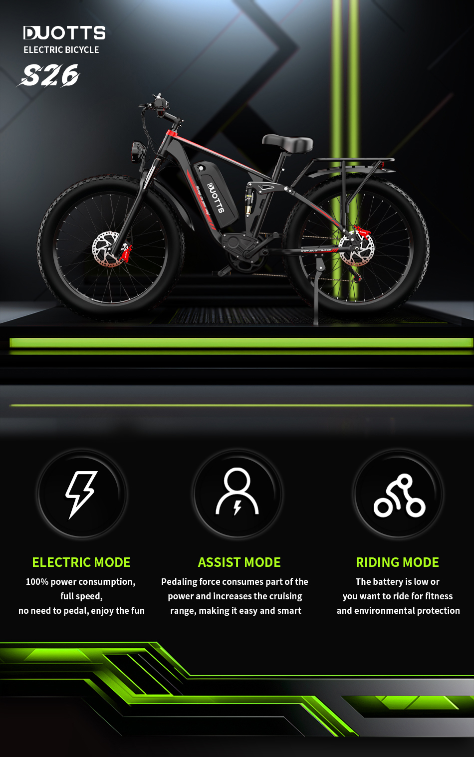 Bicicletă electrică DUOTTS S26 COMPLET ACTUALIZATĂ 26 inci 50 km/h 48V 20Ah 750W Motor dublu