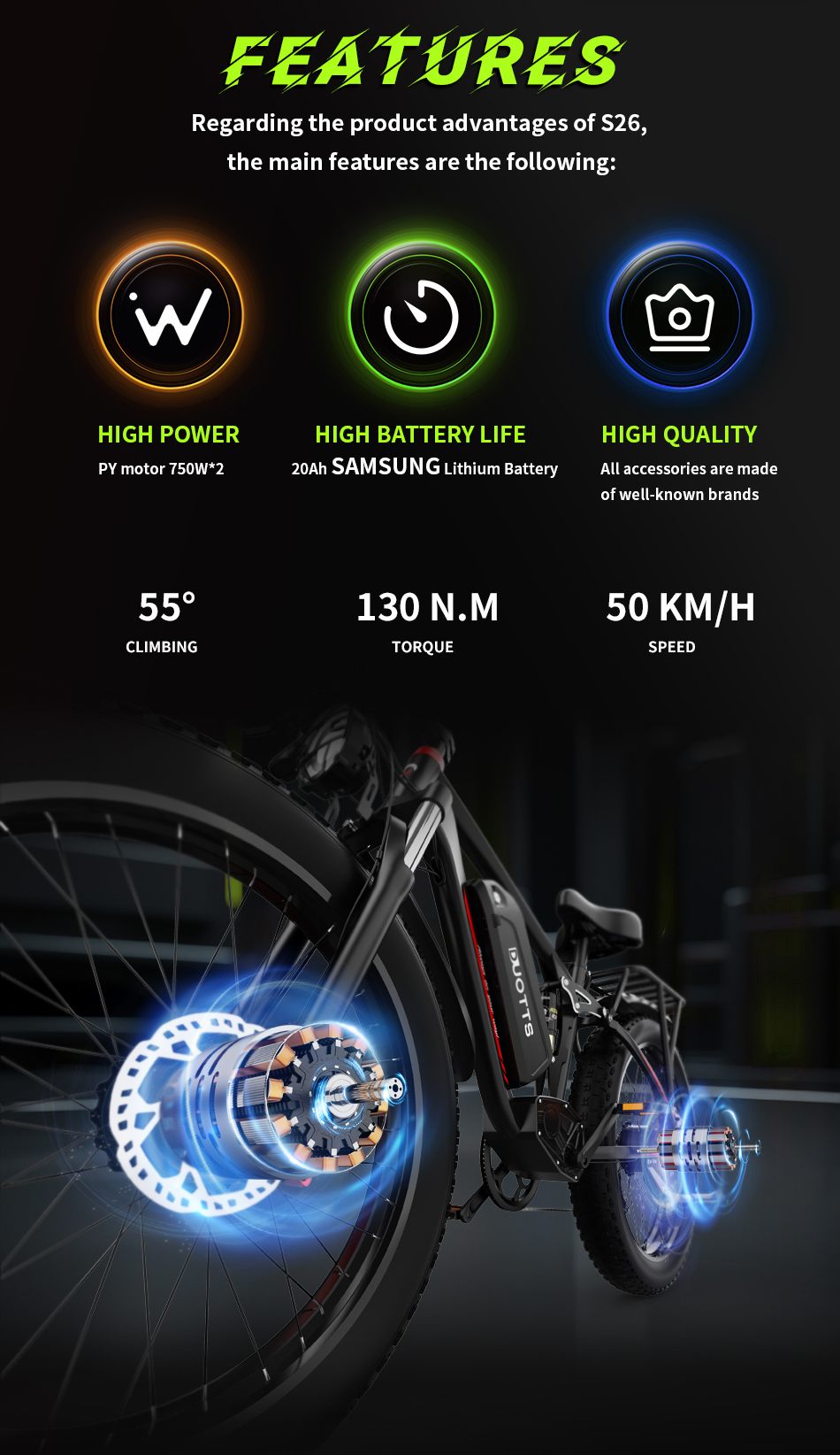 Bicicletta elettrica DUOTTS S26 COMPLETAMENTE AGGIORNATA 26 pollici 50 km/h 48 V 20 Ah 750 W Doppio motore