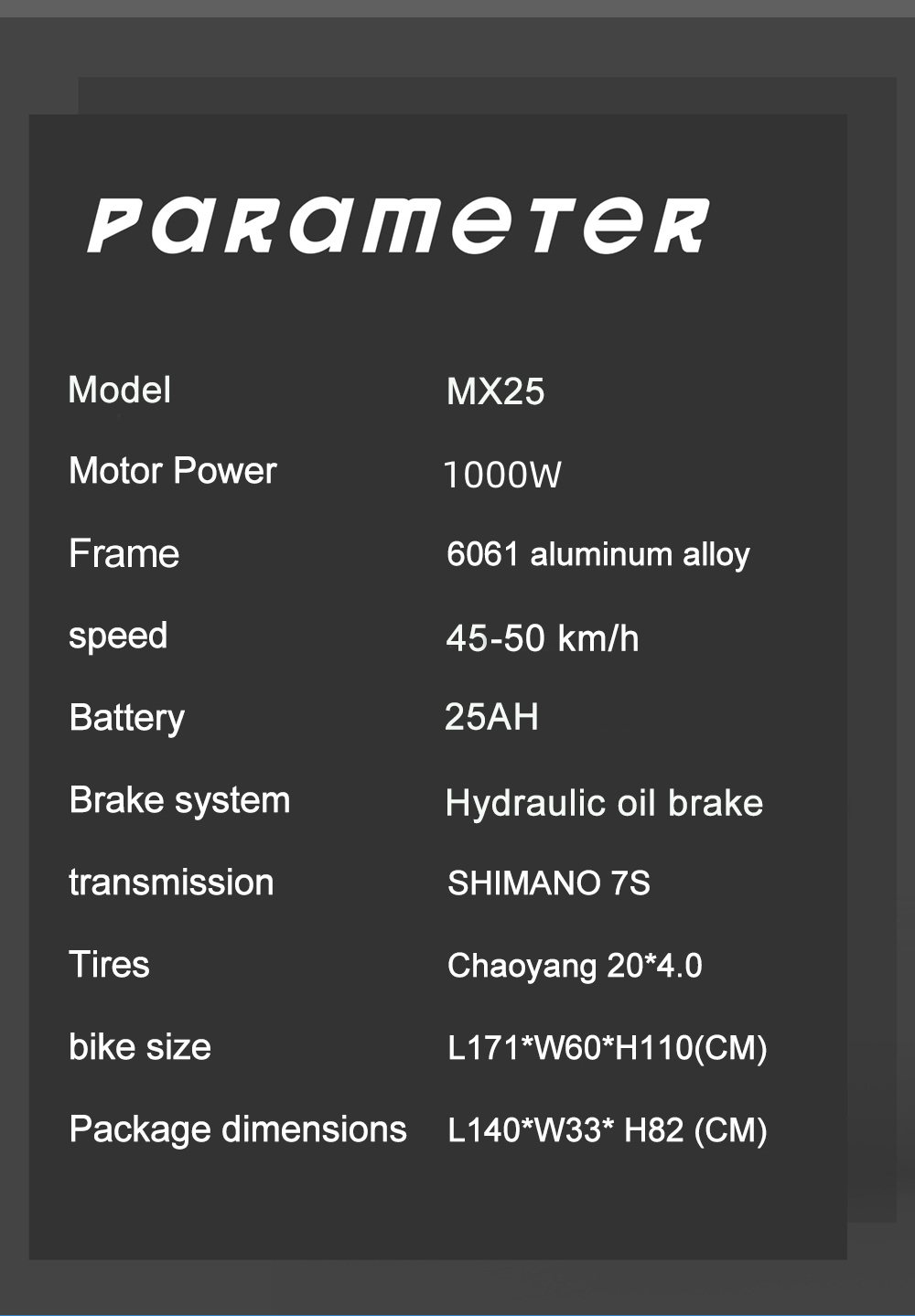 Rower elektryczny GUNAI MX25 20 cali 48V 25Ah 1000W 50Km/h Obciążenie 200KG