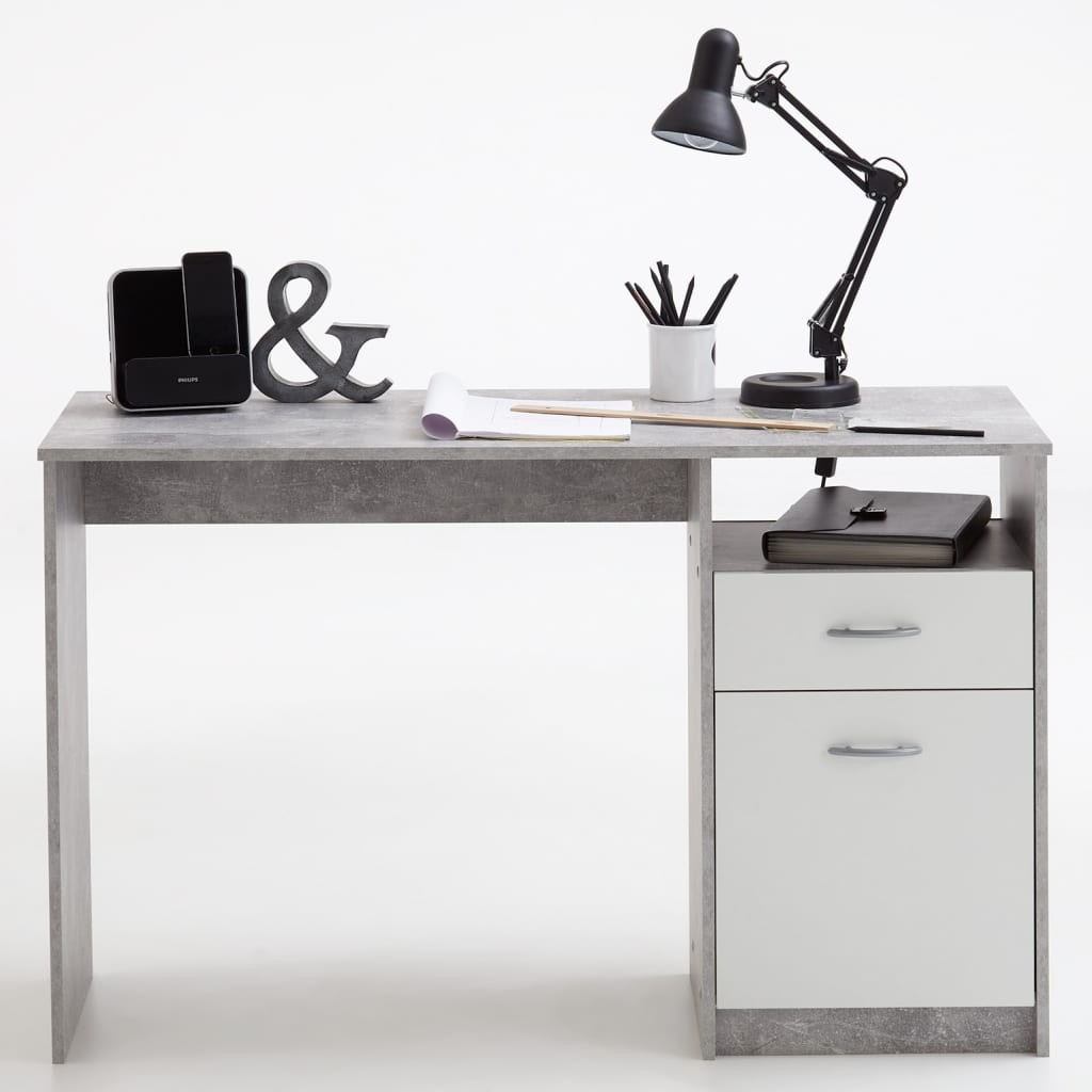 FMD íróasztal 1 fiókkal 123x50x76,5 cm, beton és fehér
