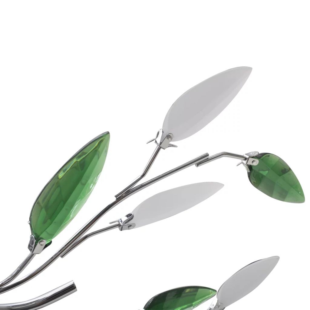 Plafoniera verde și albă cu braț de frunze din cristal acrilic pentru 5 becuri E14