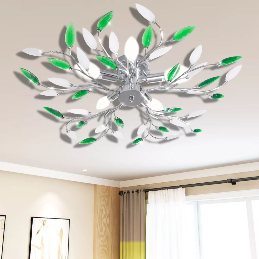 Plafon verde e branco com braço em folha de cristal acrílico para 5 lâmpadas E14