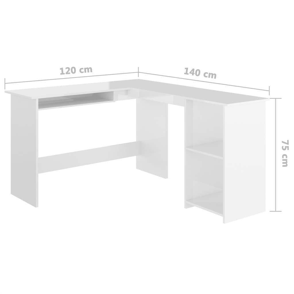 Rohový psací stůl ve tvaru L lesklý bílý 120x140x75 cm dřevotříska