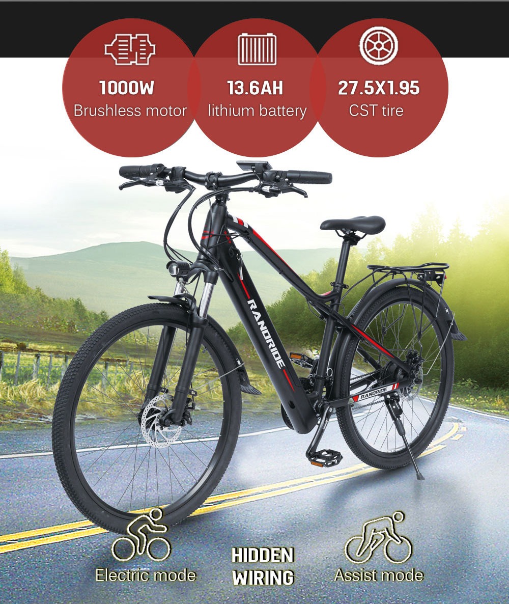 Bicicleta eléctrica RANDRIDE Y90BL 27 pulgadas 48V 13.6AH 45Km/h 1000W Negro