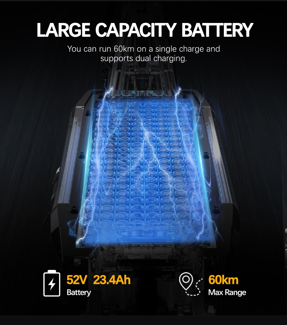 Trotineta electrica OOTD S30, motor 1200W x 2, baterie 52V 23.4Ah, cauciucuri de 10 inchi, viteza maxima 65km/h, raza de actiune 60km, frane hidraulice pe disc fata si spate, display LCD