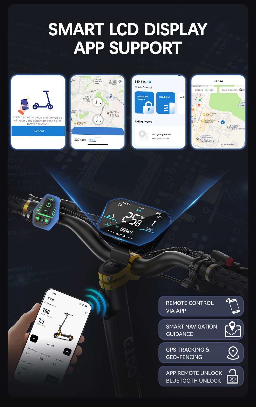 Trotineta electrica OOTD S30, motor 1200W x 2, baterie 52V 23.4Ah, cauciucuri de 10 inchi, viteza maxima 65km/h, raza de actiune 60km, frane hidraulice pe disc fata si spate, display LCD