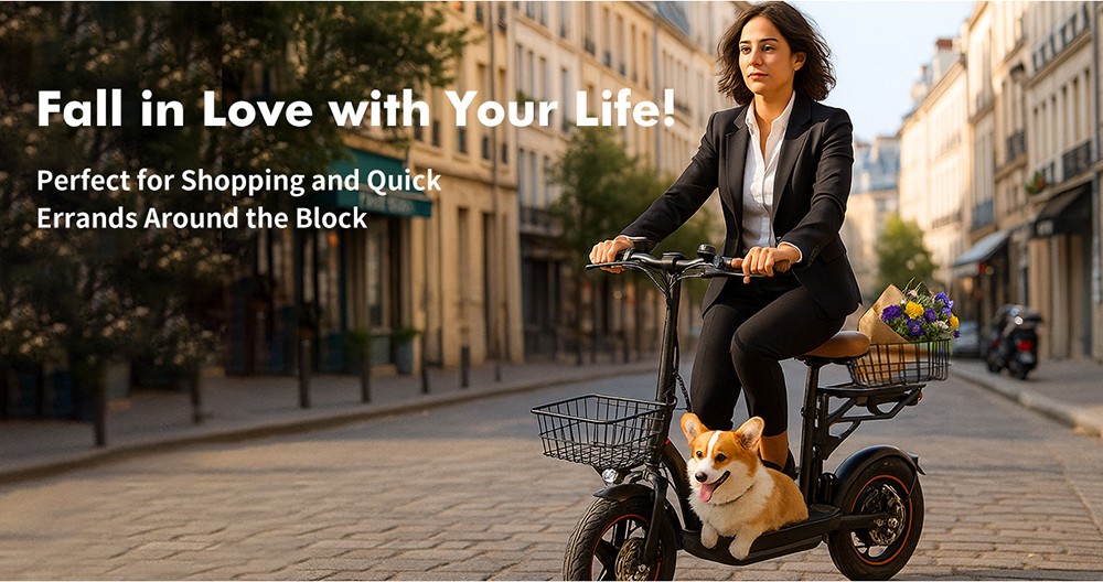 Trotineta electrica GELEIPU C14 cu scaun, motor 500 W, baterie 48 V 17,5 Ah, cauciucuri 14 inch, viteza maxima 25 km/h, autonomia 100 km, frane pe disc fata si spate, suspensie dubla