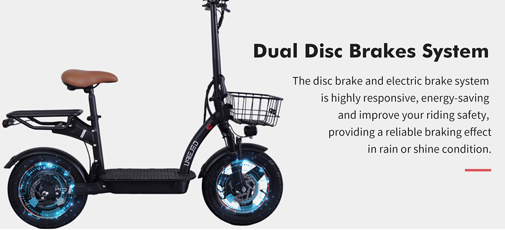 Trotineta electrica GELEIPU C14 cu scaun, motor 500 W, baterie 48 V 17,5 Ah, cauciucuri 14 inch, viteza maxima 25 km/h, autonomia 100 km, frane pe disc fata si spate, suspensie dubla