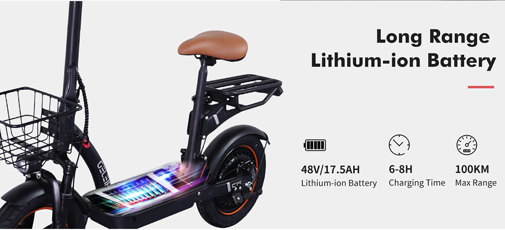 Trotineta electrica GELEIPU C14 cu scaun, motor 500 W, baterie 48 V 17,5 Ah, cauciucuri 14 inch, viteza maxima 25 km/h, autonomia 100 km, frane pe disc fata si spate, suspensie dubla