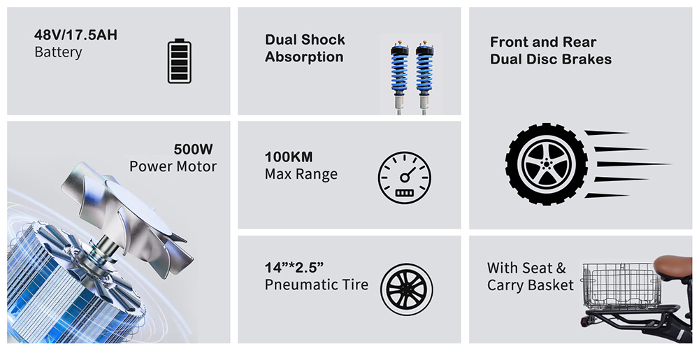Trotineta electrica GELEIPU C14 cu scaun, motor 500 W, baterie 48 V 17,5 Ah, cauciucuri 14 inch, viteza maxima 25 km/h, autonomia 100 km, frane pe disc fata si spate, suspensie dubla