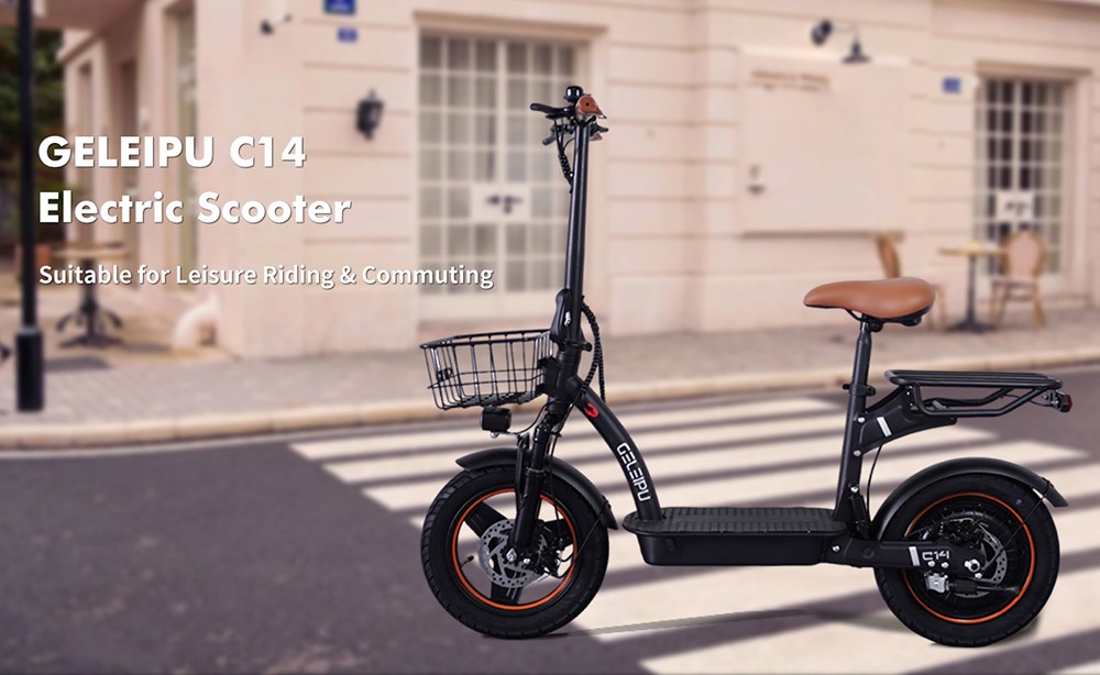 Trotineta electrica GELEIPU C14 cu scaun, motor 500 W, baterie 48 V 17,5 Ah, cauciucuri 14 inch, viteza maxima 25 km/h, autonomia 100 km, frane pe disc fata si spate, suspensie dubla