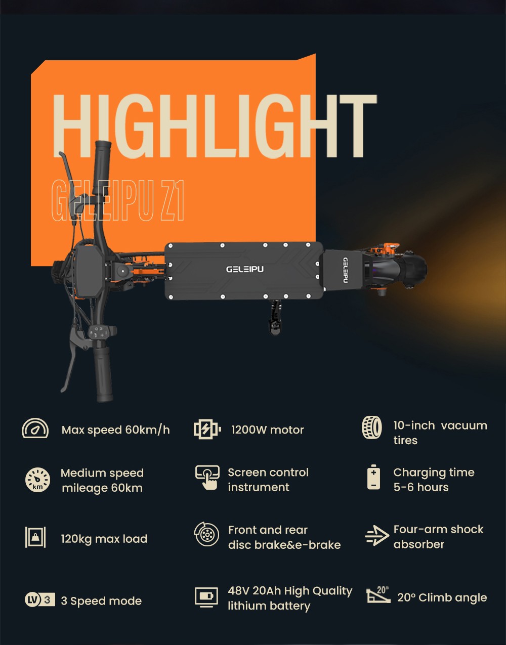 GELEIPU Z1 elektrische scooter, 1200 W motor, 48 V 20 Ah batterij, 10 inch banden, maximale snelheid 60 km / u, bereik 60 km, schijfrem voor en achter, schokdemper met vier schakels