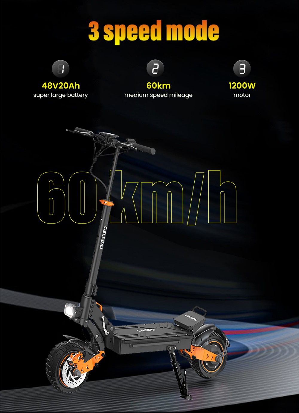GELEIPU Z1 elektrische scooter, 1200 W motor, 48 V 20 Ah batterij, 10 inch banden, maximale snelheid 60 km / u, bereik 60 km, schijfrem voor en achter, schokdemper met vier schakels
