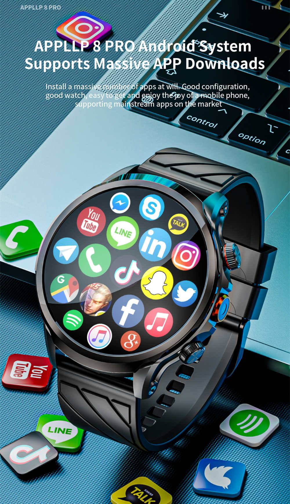 LOKMAT APPLLP 8 Pro Smartwatch, Android 8.1, 1,85'' TFT HD-Bildschirm, 4G-Anrufe, NFC-Zugriff, Herzfrequenz- und Blutsauerstoffüberwachung