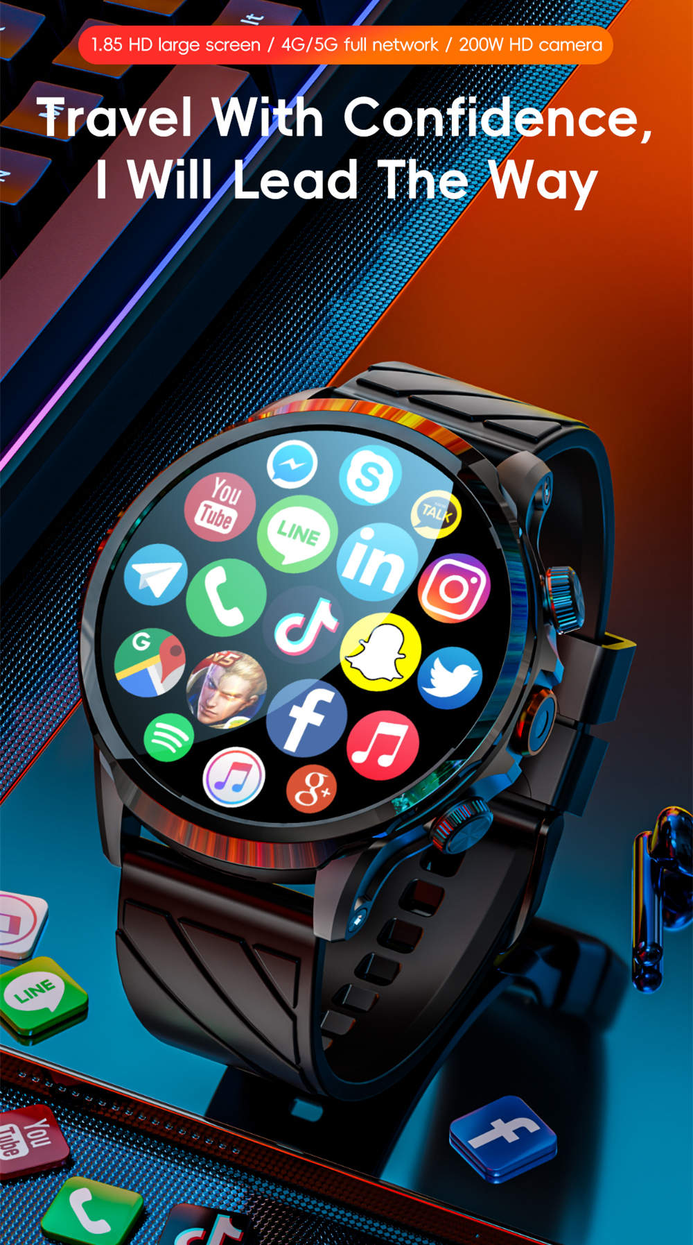 LOKMAT APPLLP 8 Pro Smartwatch, Android 8.1, 1,85'' TFT HD-Bildschirm, 4G-Anrufe, NFC-Zugriff, Herzfrequenz- und Blutsauerstoffüberwachung