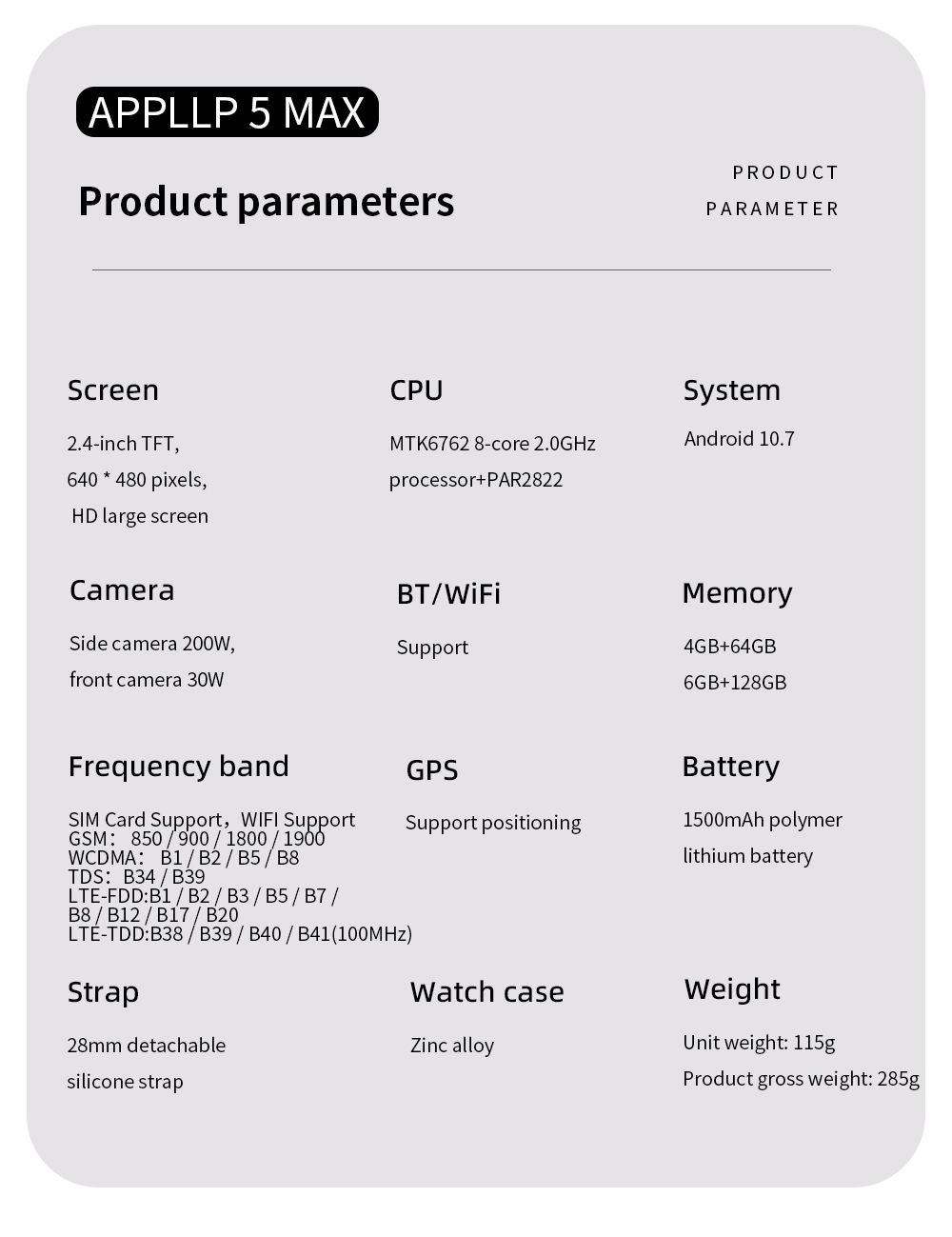 LOKMAT APPLLP 5 MAX smartwatch, 2,4-inch HD-scherm, Android 10.7, 1500 mAh batterij, 4G-oproepen, dubbele camera, 4 GB + 64 GB, hartslag- en bloedzuurstofmonitoring