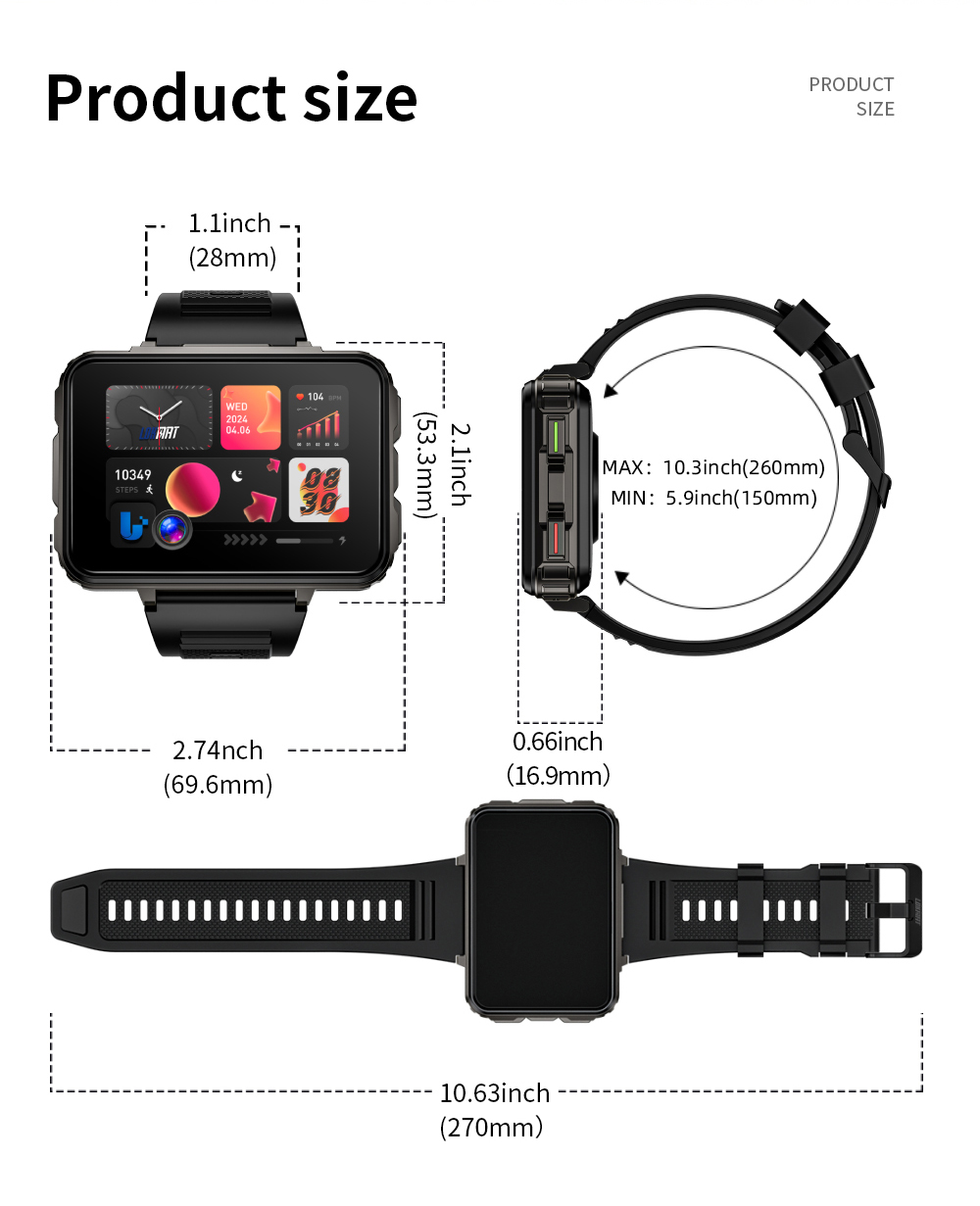 LOKMAT APPLLP 5 MAX smartwatch, 2,4-inch HD-scherm, Android 10.7, 1500 mAh batterij, 4G-oproepen, dubbele camera, 4 GB + 64 GB, hartslag- en bloedzuurstofmonitoring