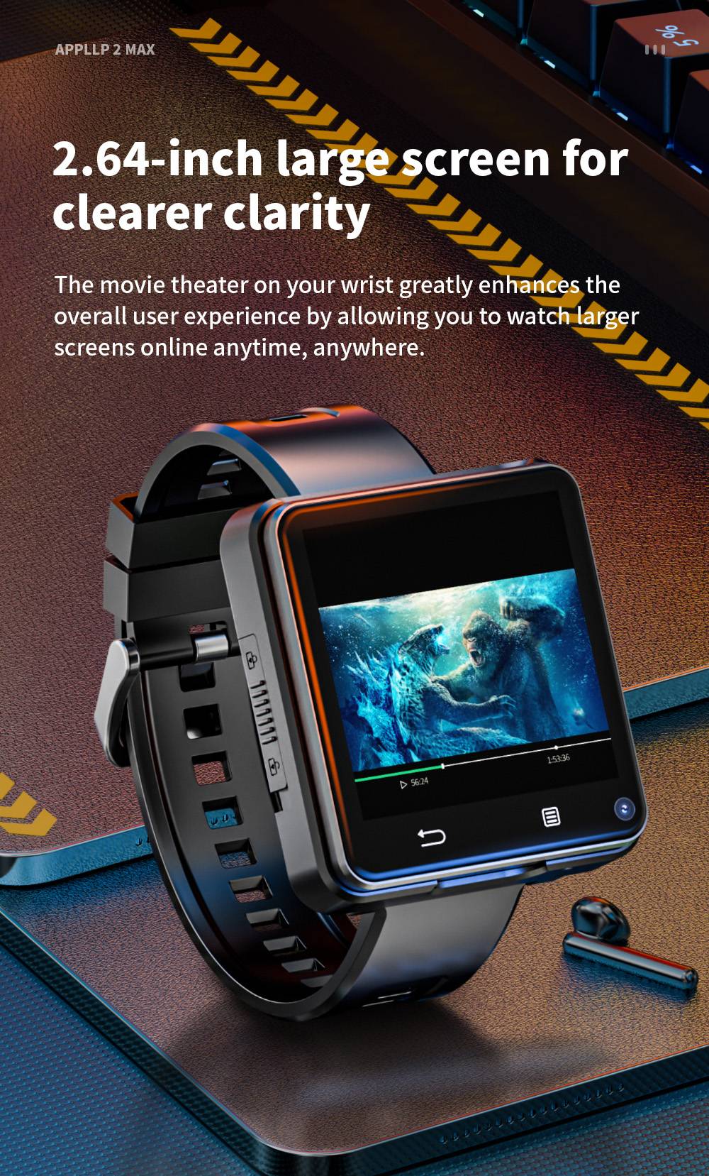 LOKMAT APPLLP 2 MAX Odpinany smartwatch, 4 GB RAM, 64 GB ROM, ekran 2,64 cala, Android 11, kompatybilny z 4G/5G SIM, połączenie Bluetooth, geolokalizacja GPS, bateria 1200 mAh