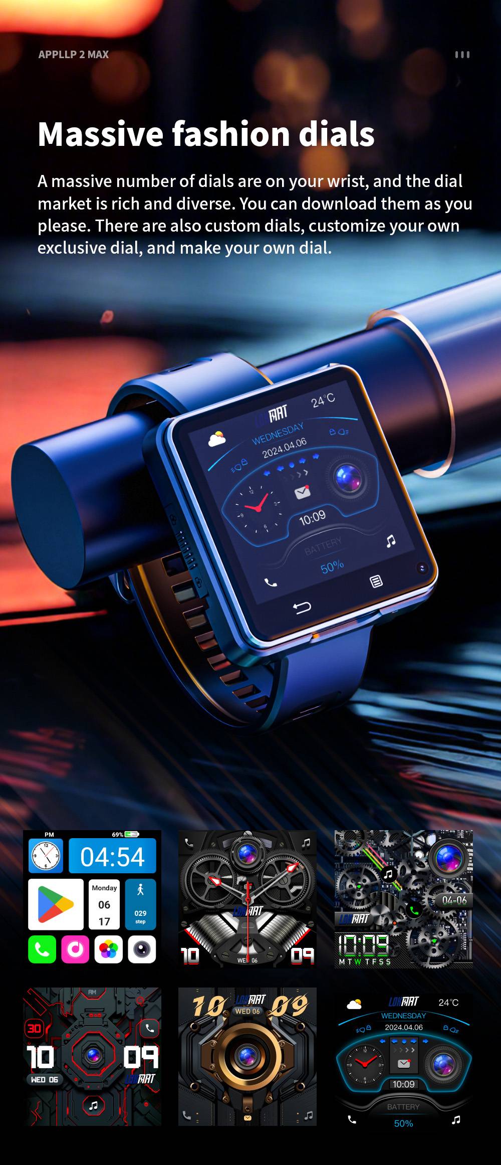 LOKMAT APPLLP 2 MAX Odpinany smartwatch, 4 GB RAM, 64 GB ROM, ekran 2,64 cala, Android 11, kompatybilny z 4G/5G SIM, połączenie Bluetooth, geolokalizacja GPS, bateria 1200 mAh