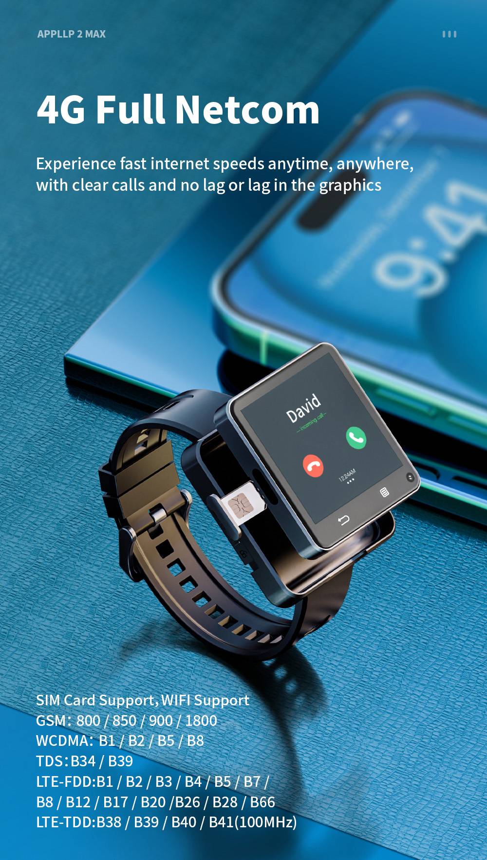 LOKMAT APPLLP 2 MAX Odpinany smartwatch, 4 GB RAM, 64 GB ROM, ekran 2,64 cala, Android 11, kompatybilny z 4G/5G SIM, połączenie Bluetooth, geolokalizacja GPS, bateria 1200 mAh