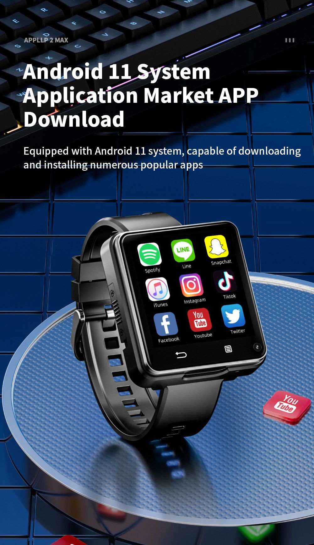 LOKMAT APPLLP 2 MAX Odłączany smartwatch, 4 GB RAM, 64 GB ROM, ekran 2,64 cala, Android 11, kompatybilny z 4G/5G SIM, połączenie Bluetooth, geolokalizacja GPS, bateria 1200 mAh