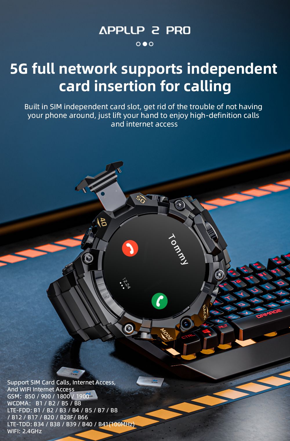 LOKMAT APPLLP 2 Pro Smartwatch, 1,508-tums AMOLED-skärm, 5G LTE-kompatibel, Dual Camera, Ansiktsigenkänning, Hälsospårning - Röd, 4GB + 64GB