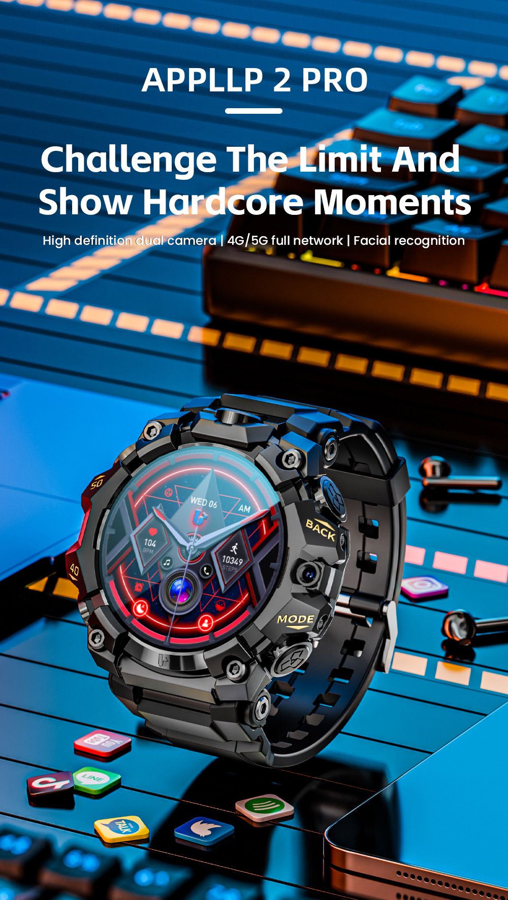 LOKMAT APPLLP 2 Pro Smartwatch, 1,508-tums AMOLED-skärm, 5G LTE-kompatibel, Dual Camera, Ansiktsigenkänning, Hälsospårning - Röd, 4GB + 64GB