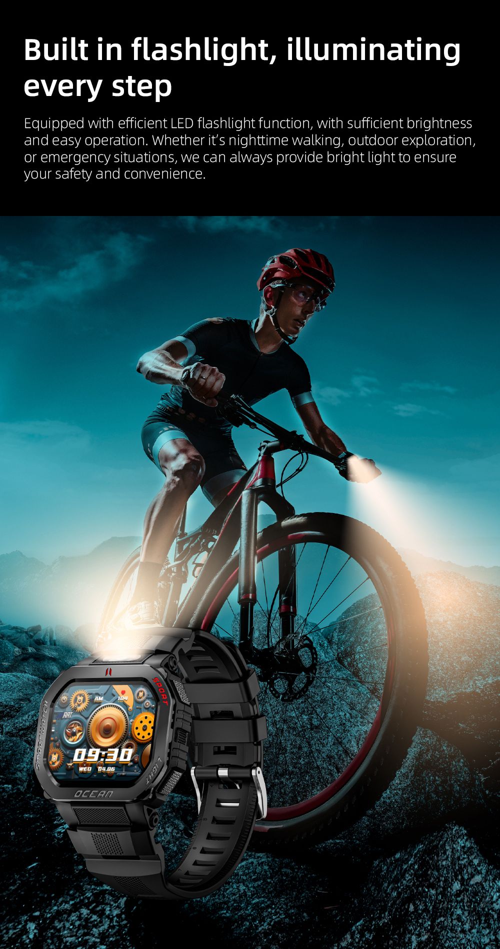 Smartwatch LOKMAT OCEAN GT, ekran 1.75 cala, latarka i kompas, asystent głosowy AI, połączenia Bluetooth, wodoodporność 3 ATM, śledzenie stanu zdrowia, ponad 100 trybów sportowych - czarny