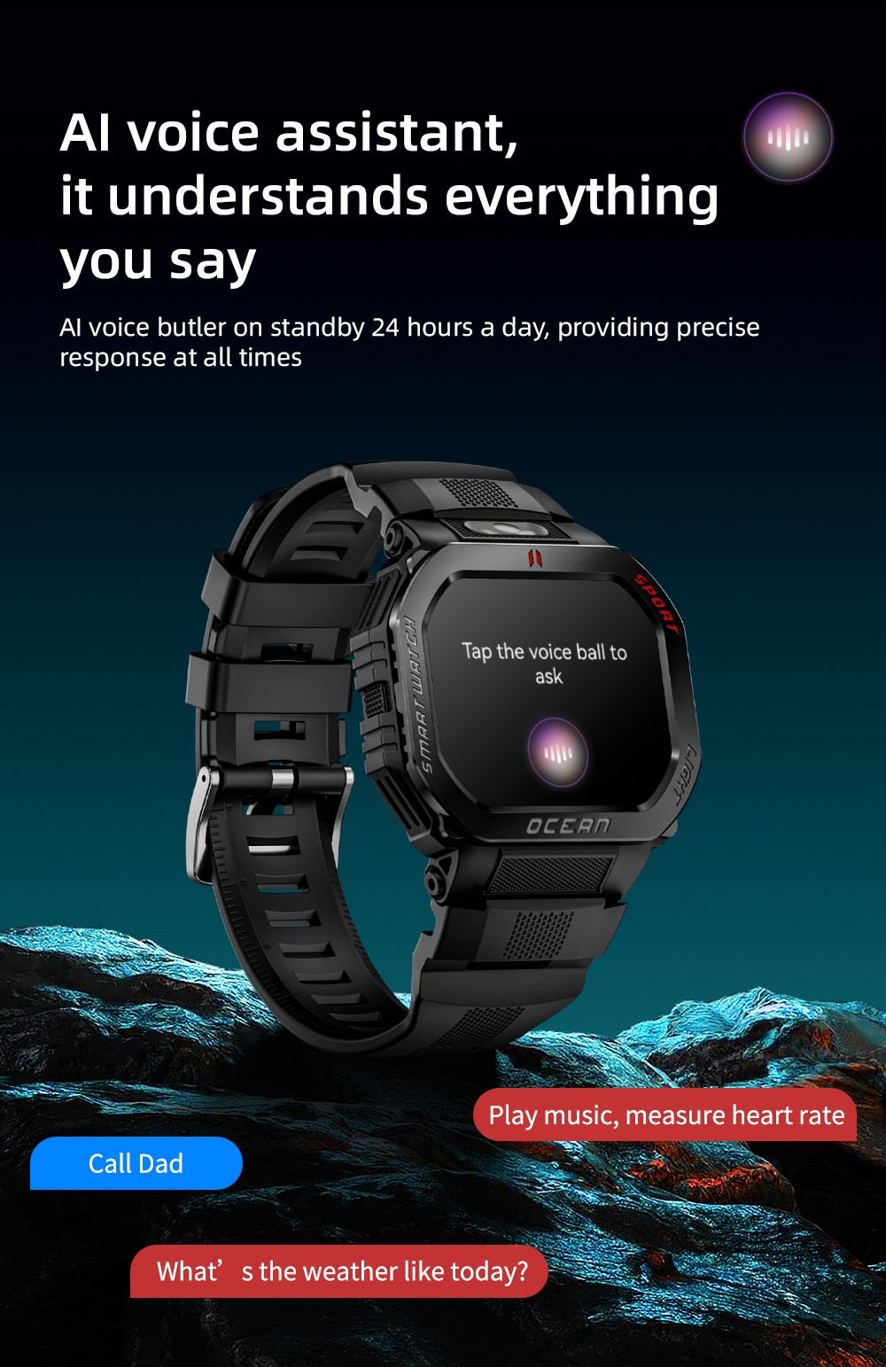 Smartwatch LOKMAT OCEAN GT, ekran 1.75 cala, latarka i kompas, asystent głosowy AI, połączenia Bluetooth, wodoodporność 3 ATM, śledzenie stanu zdrowia, ponad 100 trybów sportowych - czarny