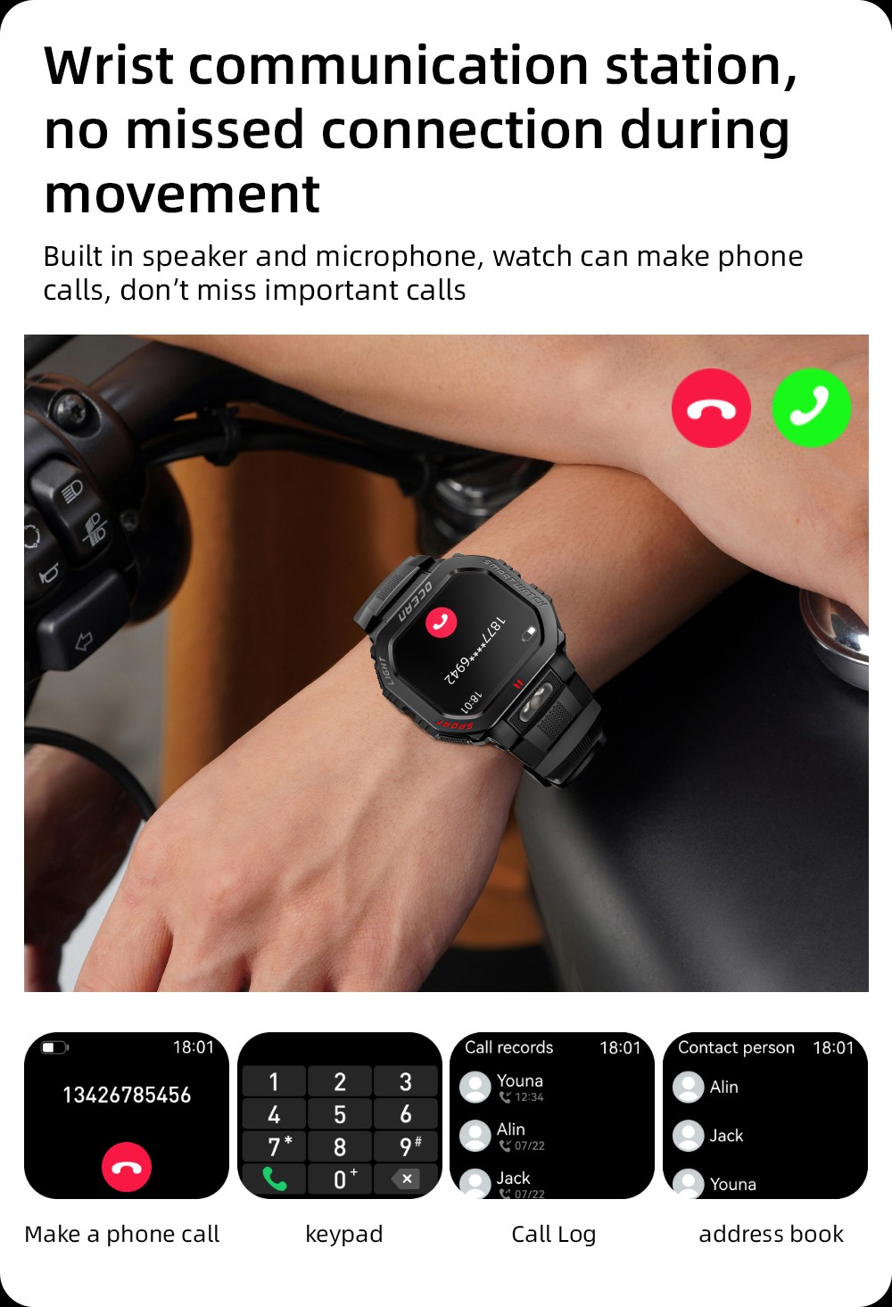 Smartwatch LOKMAT OCEAN GT, ekran 1.75 cala, latarka i kompas, asystent głosowy AI, połączenia Bluetooth, wodoodporność 3 ATM, śledzenie stanu zdrowia, ponad 100 trybów sportowych - czarny