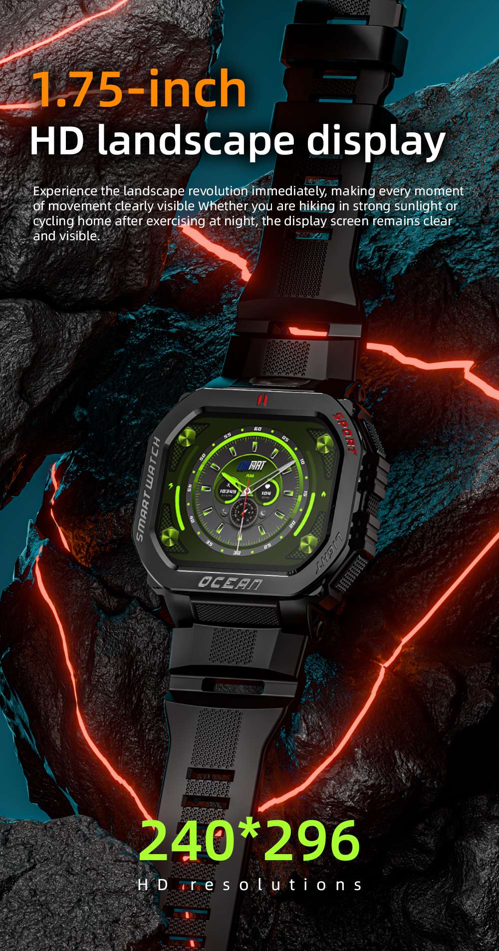 Smartwatch LOKMAT OCEAN GT, ekran 1.75 cala, latarka i kompas, asystent głosowy AI, połączenia Bluetooth, wodoodporność 3 ATM, śledzenie stanu zdrowia, ponad 100 trybów sportowych - czarny