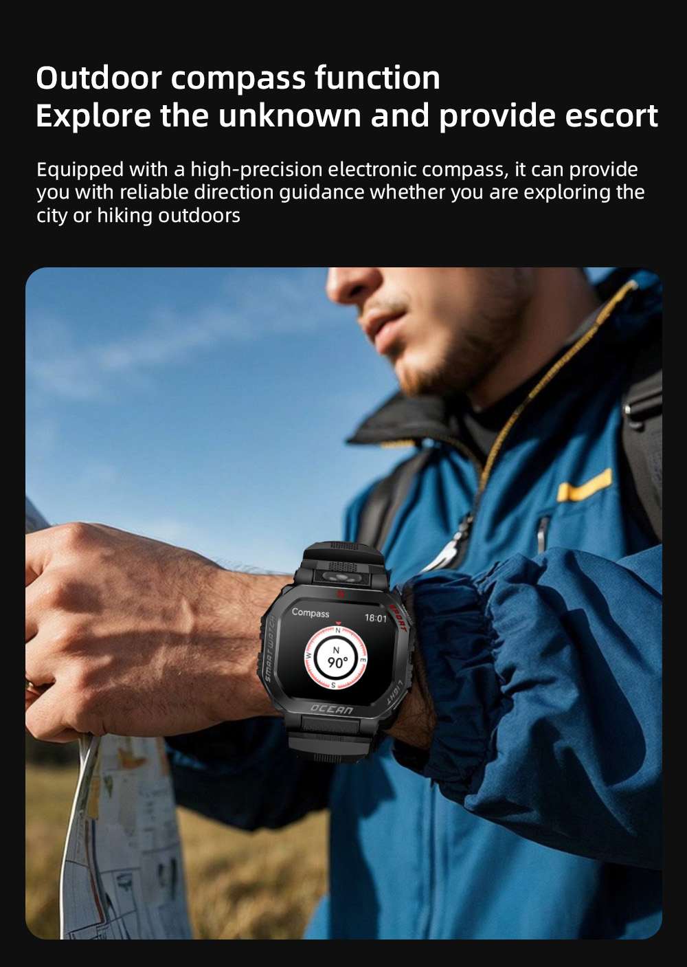 LOKMAT OCEAN GT Smartwatch, 1,75 tums skärm, ficklampa och kompass, AI Voice Assistant, Bluetooth-samtal, 3 ATM vattentät, hälsospårning, 100+ sportlägen - guld