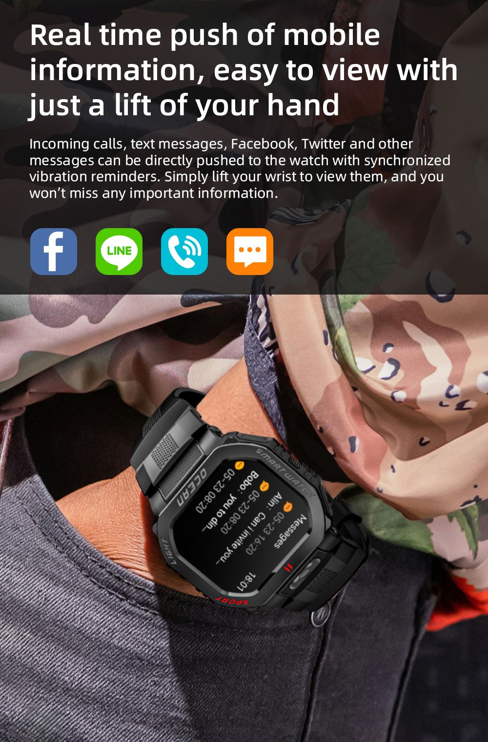 LOKMAT OCEAN GT Smartwatch, 1,75 tums skärm, ficklampa och kompass, AI Voice Assistant, Bluetooth-samtal, 3 ATM vattentät, hälsospårning, 100+ sportlägen - guld