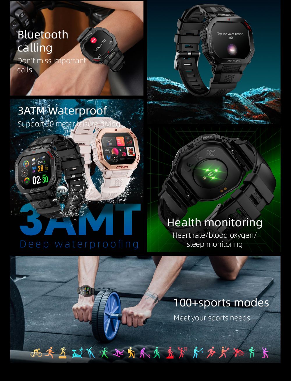 LOKMAT OCEAN GT Smartwatch, 1,75 tums skärm, ficklampa och kompass, AI Voice Assistant, Bluetooth-samtal, 3 ATM vattentät, hälsospårning, 100+ sportlägen - guld