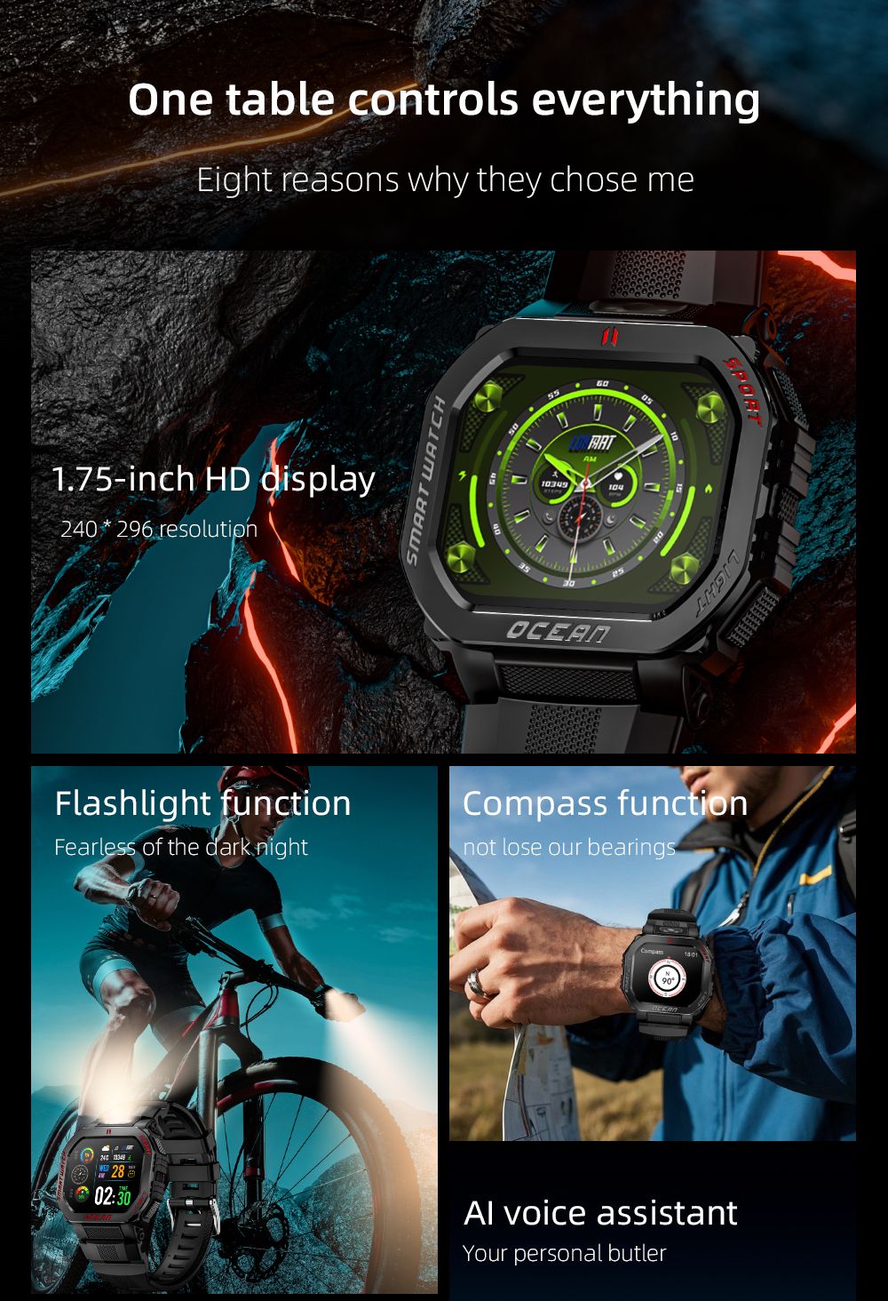 LOKMAT OCEAN GT Smartwatch, 1,75 tums skärm, ficklampa och kompass, AI Voice Assistant, Bluetooth-samtal, 3 ATM vattentät, hälsospårning, 100+ sportlägen - guld