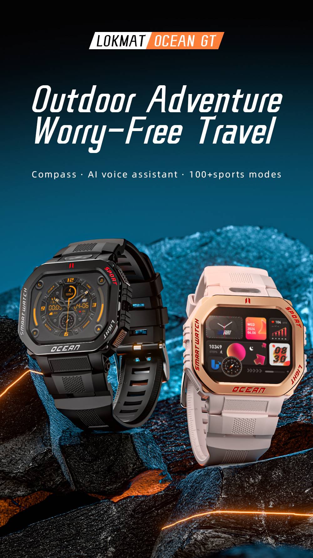 LOKMAT OCEAN GT Smartwatch, 1,75 tums skärm, ficklampa och kompass, AI Voice Assistant, Bluetooth-samtal, 3 ATM vattentät, hälsospårning, 100+ sportlägen - guld