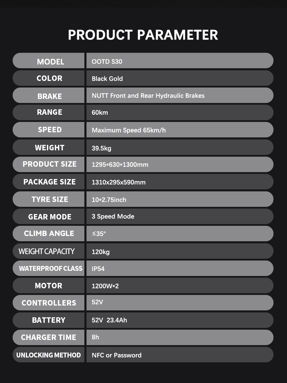 Trotineta electrica OOTD S30, motor 1200W x 2, baterie 52V 23.4Ah, cauciucuri de 10 inchi, viteza maxima 65km/h, raza de actiune 60km, frane hidraulice pe disc fata si spate, display LCD