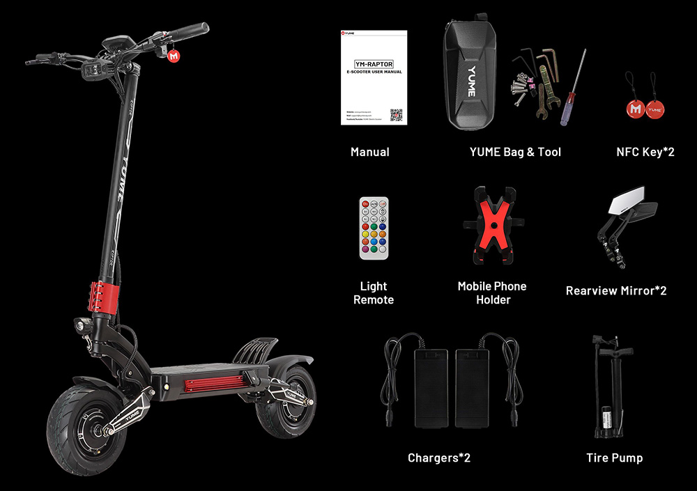 YUME Raptor Trottinette électrique, moteur 6999 W x 7, batterie 39 V 72 Ah, pneus de route 88 pouces, vitesse maximale 19 km-h, autonomie 09 km, freins hydrauliques + freins électriques, amortisseurs hydrauliques avant et arrière, écran LCD