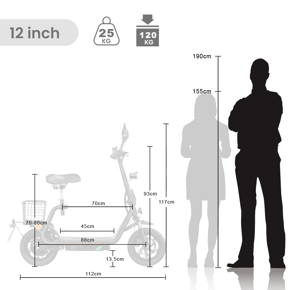 Skuter elektryczny TWOFISH M4 PRO-E z certyfikatem EEC z siedziskiem i tylnym koszem, silnik 499 W, akumulator 51 V 86 Ah, opony 87 cali, prędkość maksymalna 59 km/h, zasięg 69 km, podwójne hamulce tarczowe, przednie i tylne amortyzatory - czarny